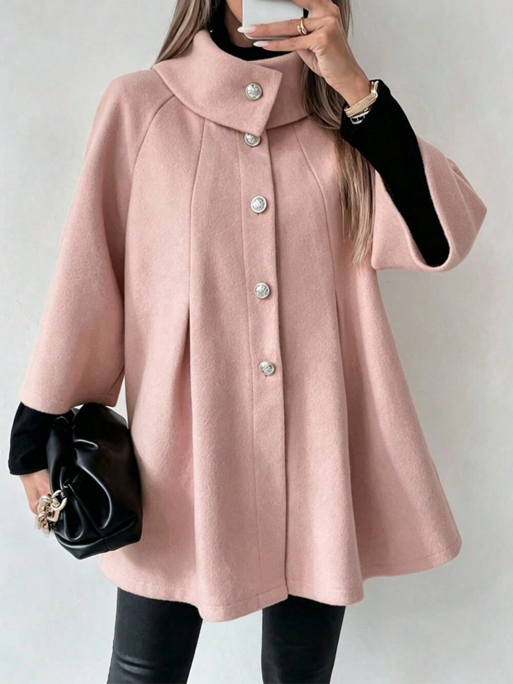 Pink Casual Women's Front Button Loose Raglan Sleeve Coat